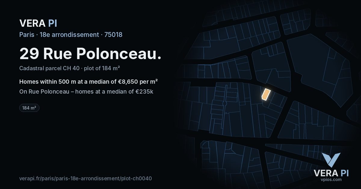29 Rue Polonceau, 18e arrondissement at night – the plot lit, the parcels around coloured by the prices near them