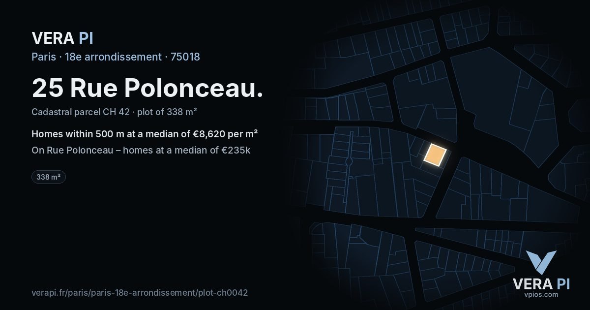 25 Rue Polonceau, 18e arrondissement at night – the plot lit, the parcels around coloured by the prices near them