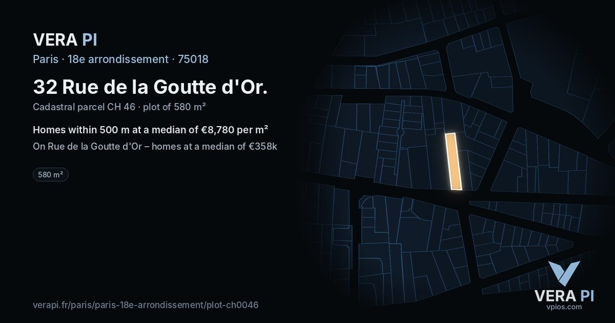 32 Rue de la Goutte d'Or, 18e arrondissement at night – the plot lit, the parcels around coloured by the prices near them