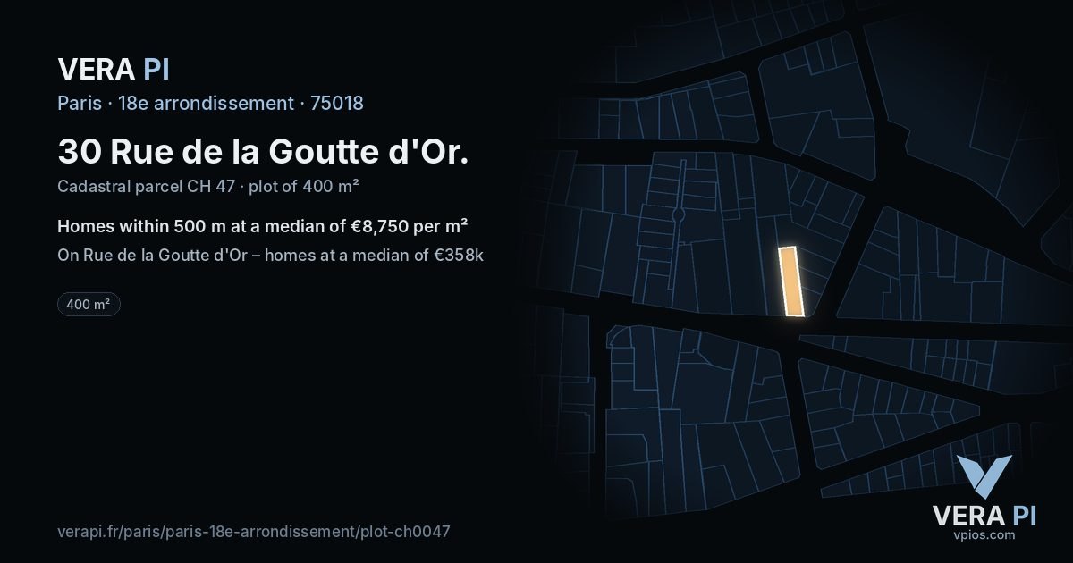 30 Rue de la Goutte d'Or, 18e arrondissement at night – the plot lit, the parcels around coloured by the prices near them