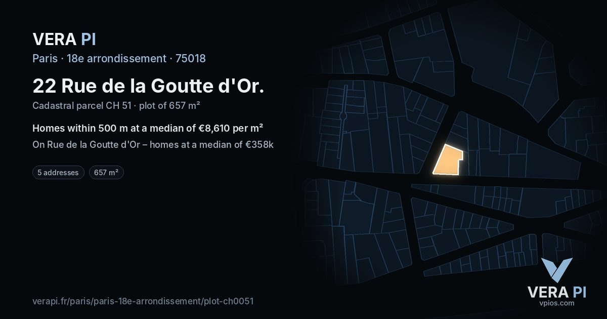 22 Rue de la Goutte d'Or, 18e arrondissement at night – the plot lit, the parcels around coloured by the prices near them