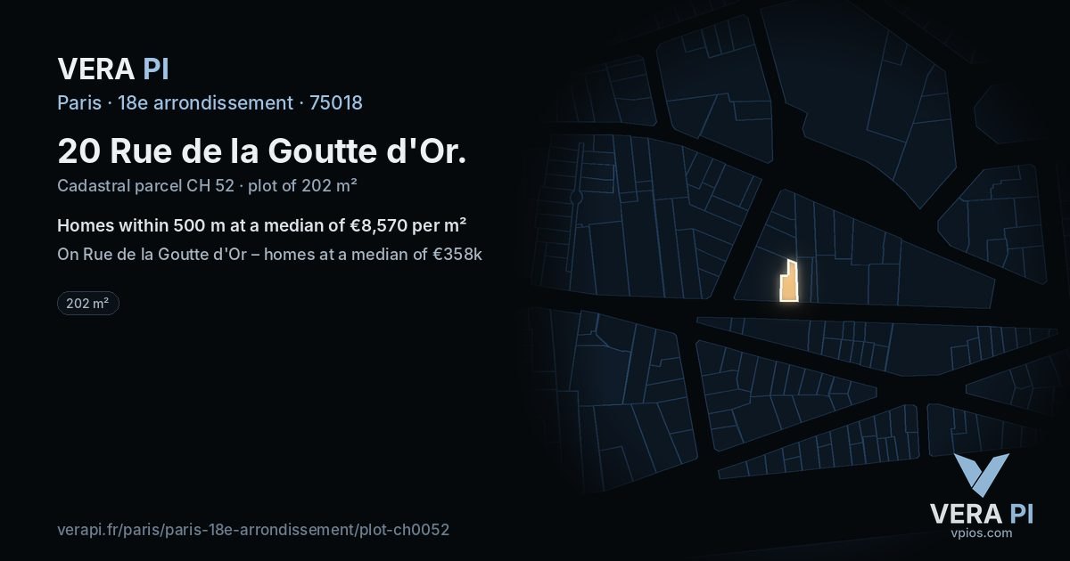 20 Rue de la Goutte d'Or, 18e arrondissement at night – the plot lit, the parcels around coloured by the prices near them