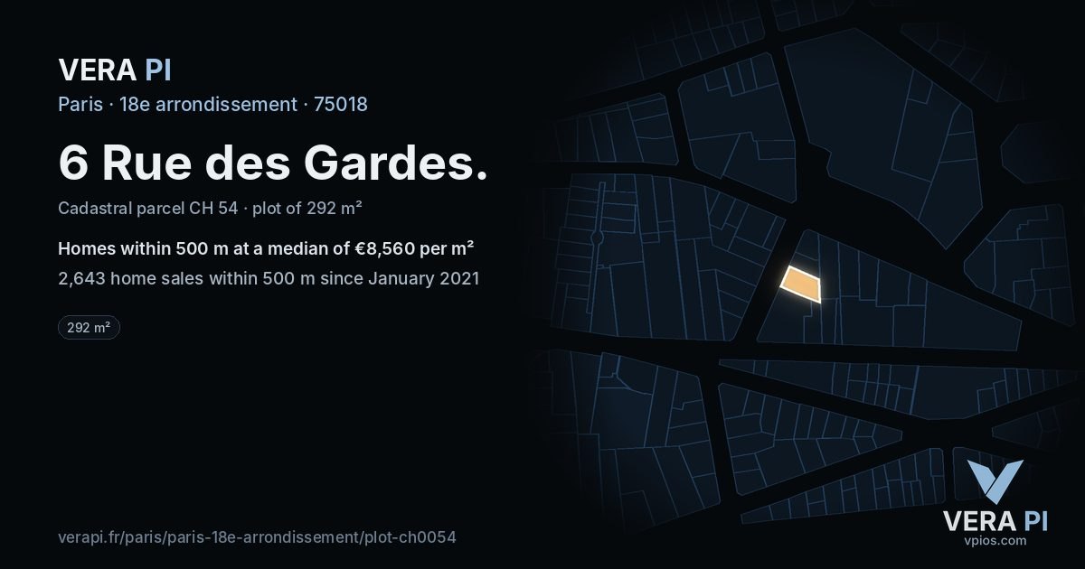 6 Rue des Gardes, 18e arrondissement at night – the plot lit, the parcels around coloured by the prices near them