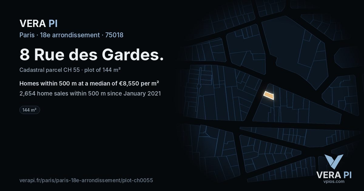 8 Rue des Gardes, 18e arrondissement at night – the plot lit, the parcels around coloured by the prices near them