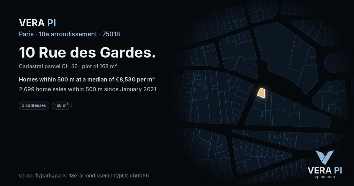 10 Rue des Gardes, 18e arrondissement at night – the plot lit, the parcels around coloured by the prices near them