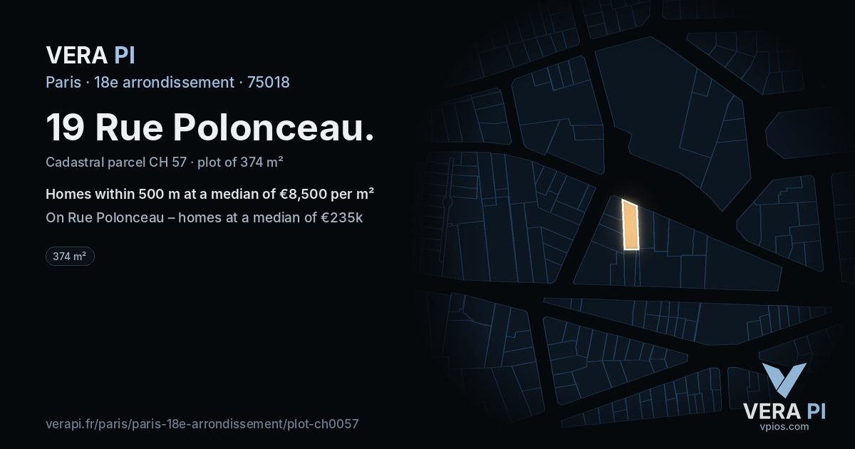 19 Rue Polonceau, 18e arrondissement at night – the plot lit, the parcels around coloured by the prices near them