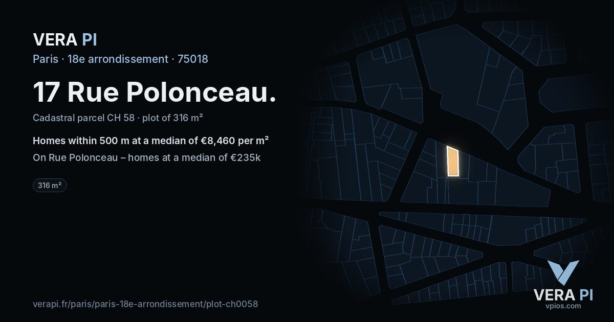 17 Rue Polonceau, 18e arrondissement at night – the plot lit, the parcels around coloured by the prices near them