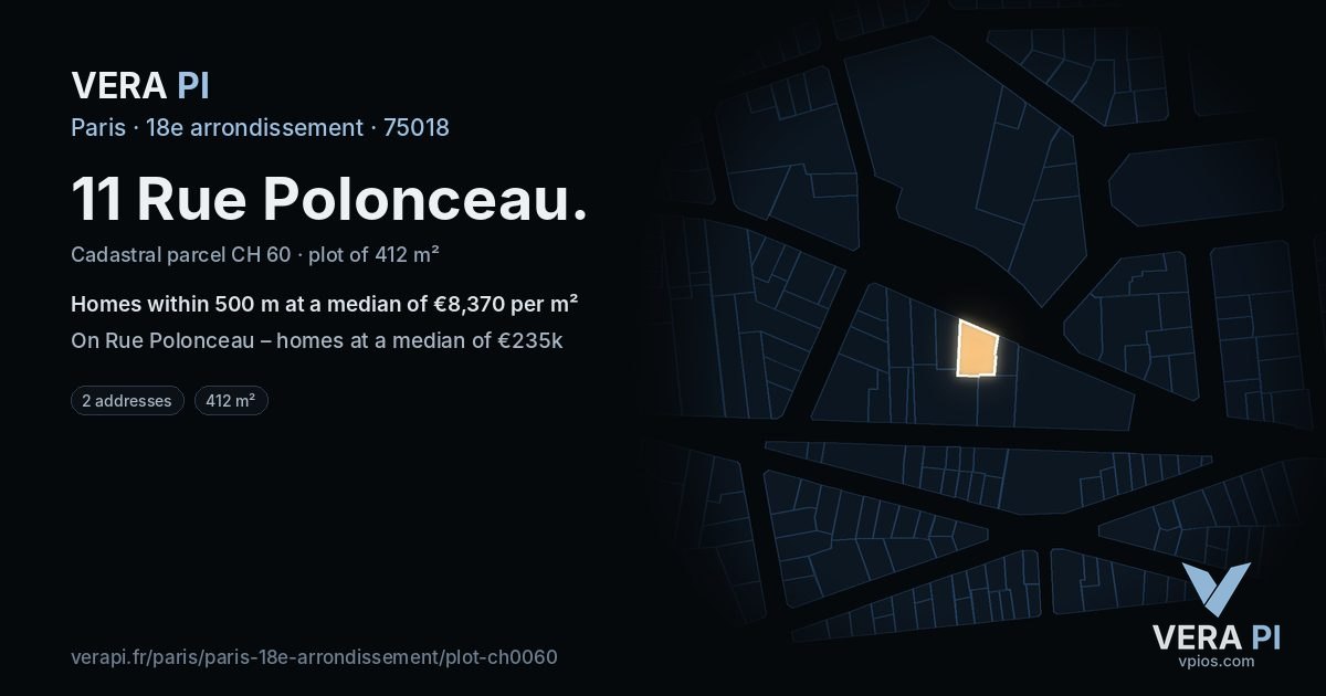 11 Rue Polonceau, 18e arrondissement at night – the plot lit, the parcels around coloured by the prices near them