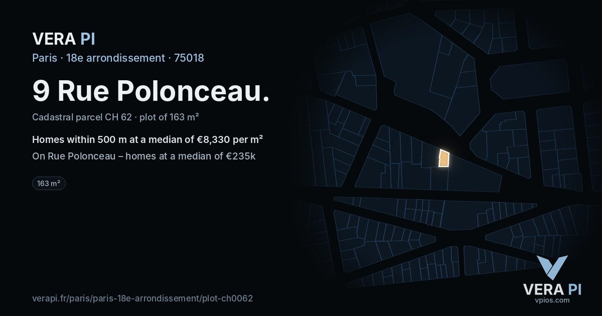 9 Rue Polonceau, 18e arrondissement at night – the plot lit, the parcels around coloured by the prices near them