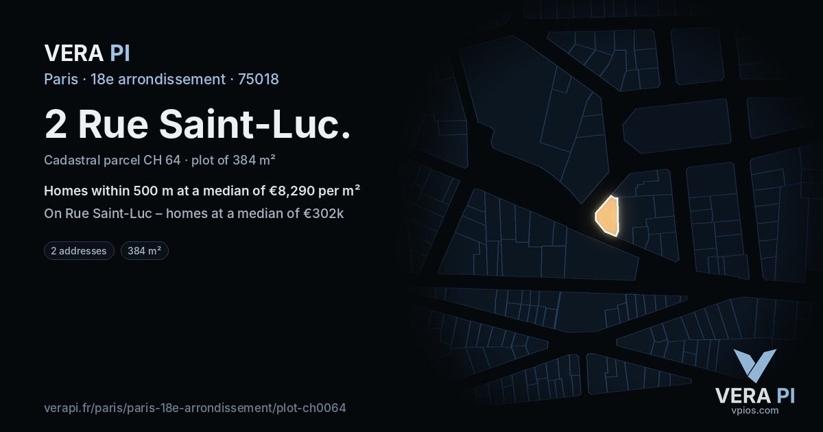 2 Rue Saint-Luc, 18e arrondissement at night – the plot lit, the parcels around coloured by the prices near them