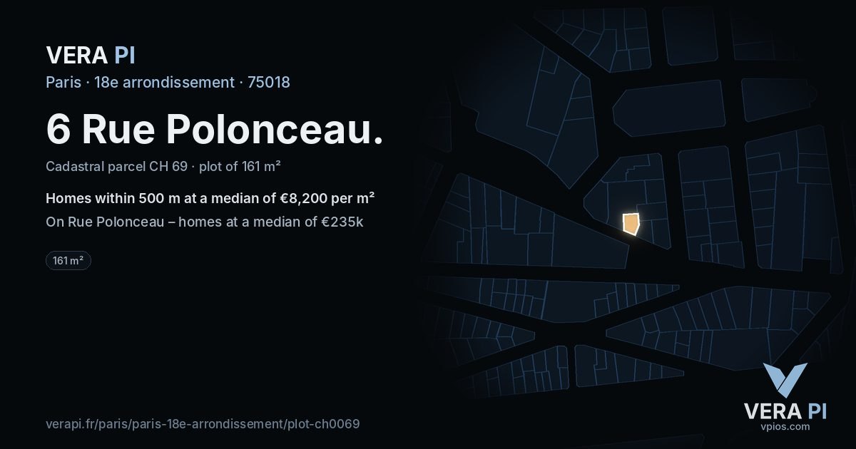 6 Rue Polonceau, 18e arrondissement at night – the plot lit, the parcels around coloured by the prices near them