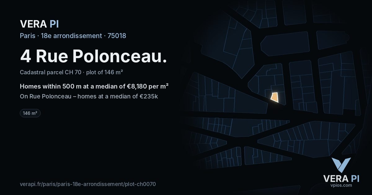 4 Rue Polonceau, 18e arrondissement at night – the plot lit, the parcels around coloured by the prices near them
