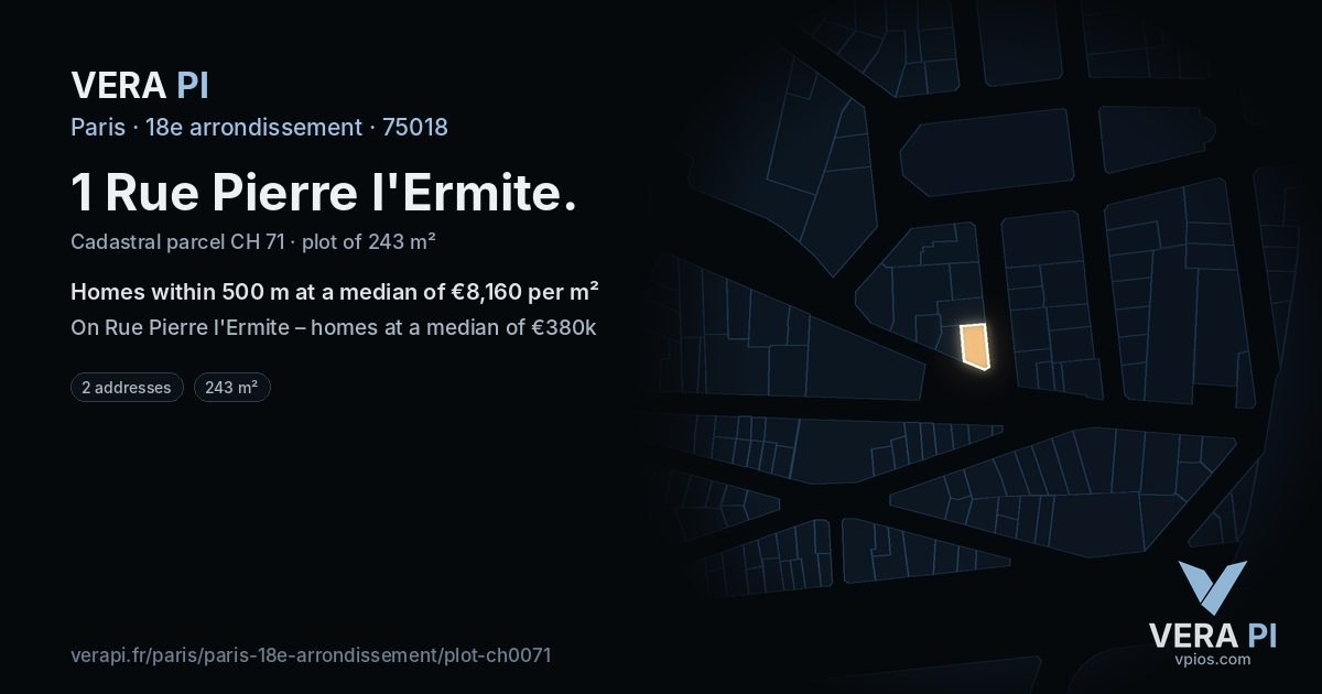 1 Rue Pierre l'Ermite, 18e arrondissement at night – the plot lit, the parcels around coloured by the prices near them