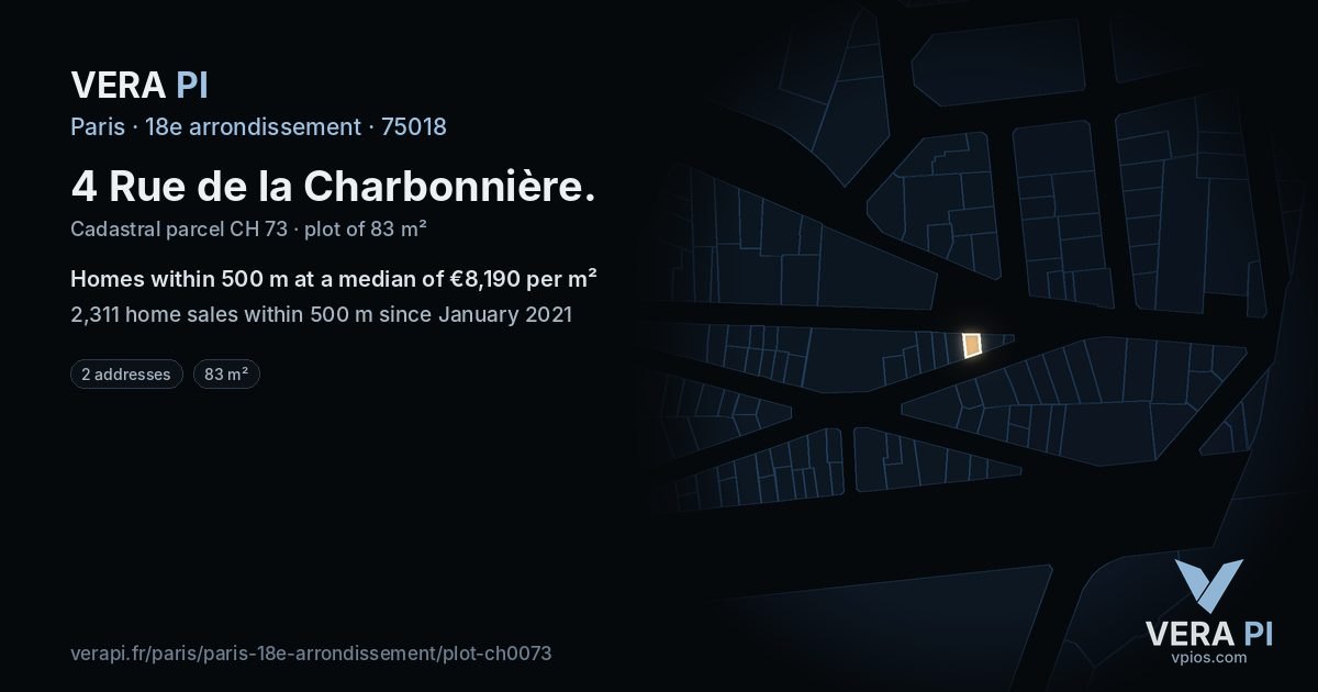 4 Rue de la Charbonnière, 18e arrondissement at night – the plot lit, the parcels around coloured by the prices near them