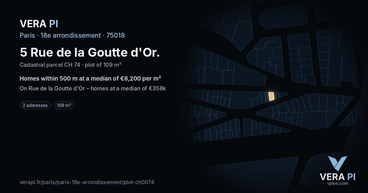 5 Rue de la Goutte d'Or, 18e arrondissement at night – the plot lit, the parcels around coloured by the prices near them