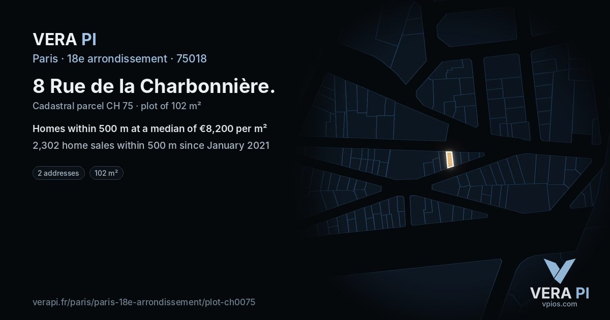8 Rue de la Charbonnière, 18e arrondissement at night – the plot lit, the parcels around coloured by the prices near them