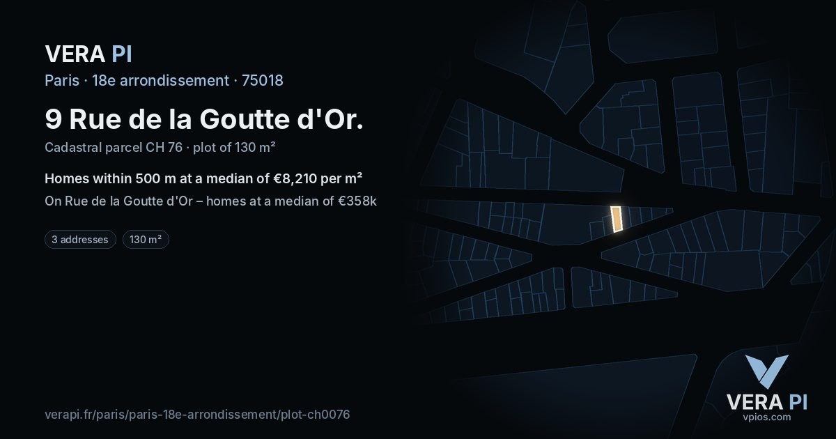 9 Rue de la Goutte d'Or, 18e arrondissement at night – the plot lit, the parcels around coloured by the prices near them