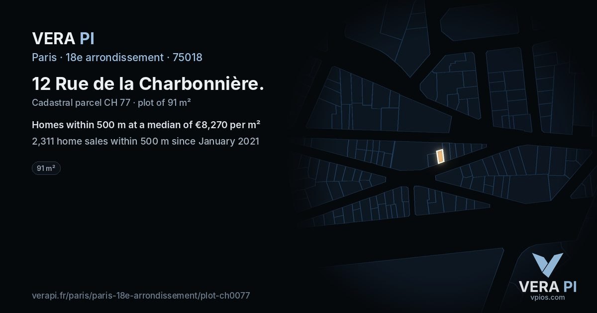 12 Rue de la Charbonnière, 18e arrondissement at night – the plot lit, the parcels around coloured by the prices near them