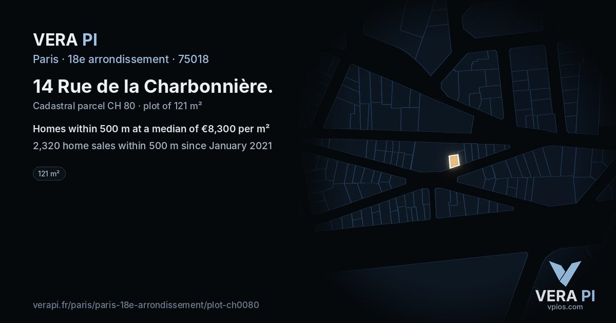 14 Rue de la Charbonnière, 18e arrondissement at night – the plot lit, the parcels around coloured by the prices near them