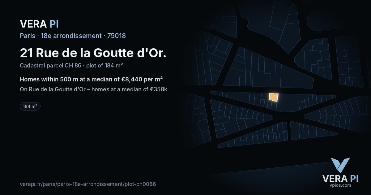21 Rue de la Goutte d'Or, 18e arrondissement at night – the plot lit, the parcels around coloured by the prices near them