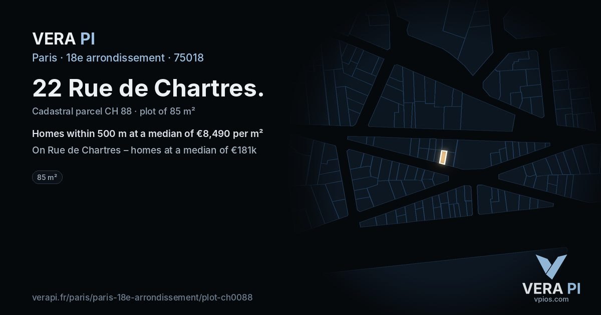 22 Rue de Chartres, 18e arrondissement at night – the plot lit, the parcels around coloured by the prices near them