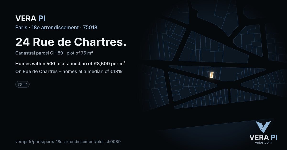 24 Rue de Chartres, 18e arrondissement at night – the plot lit, the parcels around coloured by the prices near them