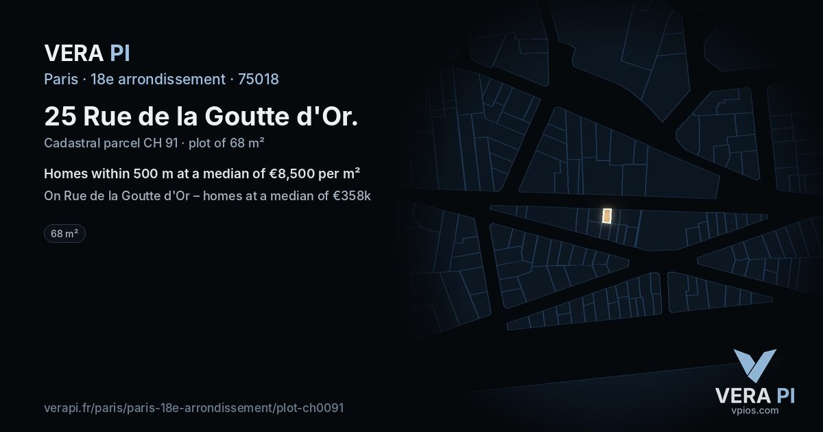 25 Rue de la Goutte d'Or, 18e arrondissement at night – the plot lit, the parcels around coloured by the prices near them