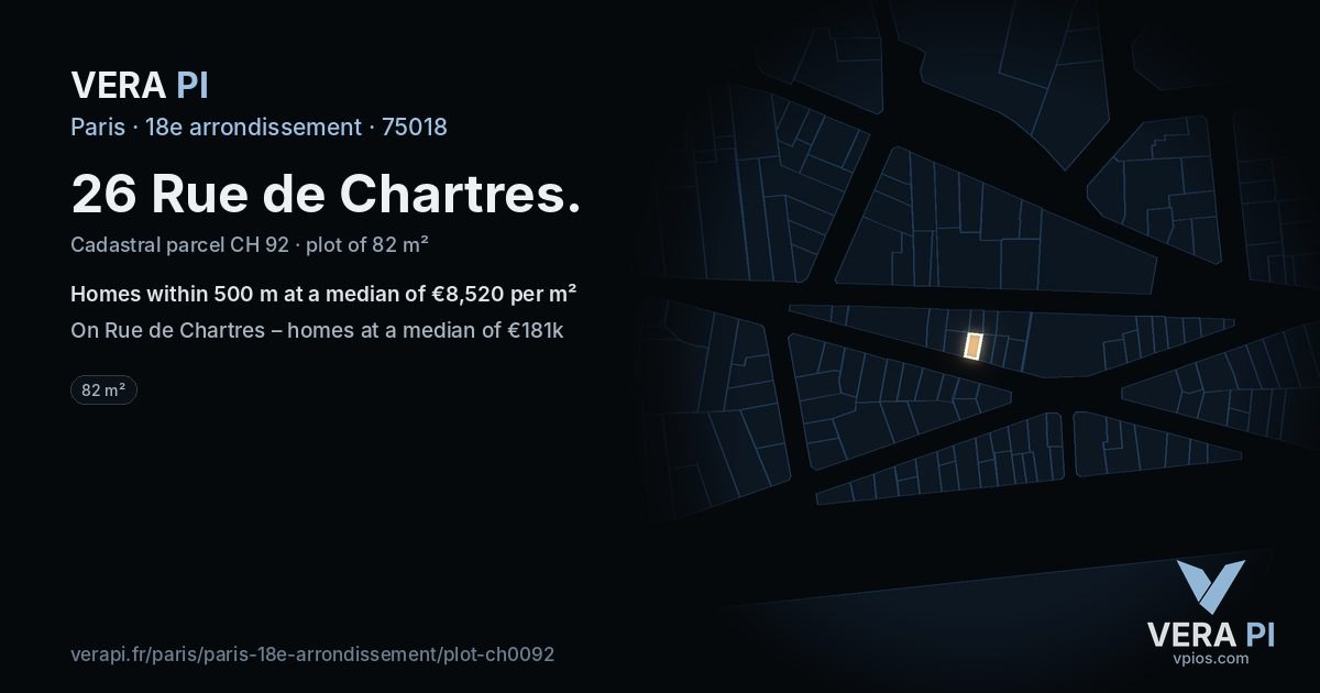 26 Rue de Chartres, 18e arrondissement at night – the plot lit, the parcels around coloured by the prices near them