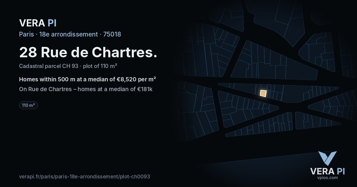 28 Rue de Chartres, 18e arrondissement at night – the plot lit, the parcels around coloured by the prices near them