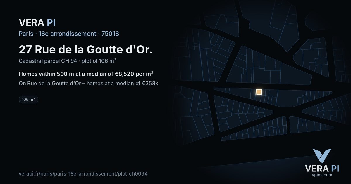 27 Rue de la Goutte d'Or, 18e arrondissement at night – the plot lit, the parcels around coloured by the prices near them