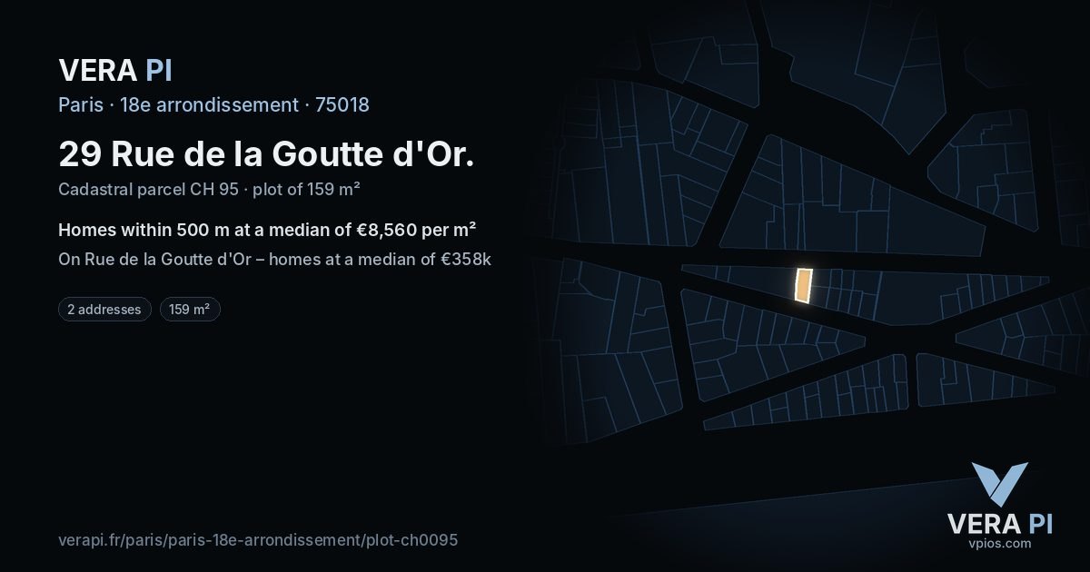 29 Rue de la Goutte d'Or, 18e arrondissement at night – the plot lit, the parcels around coloured by the prices near them