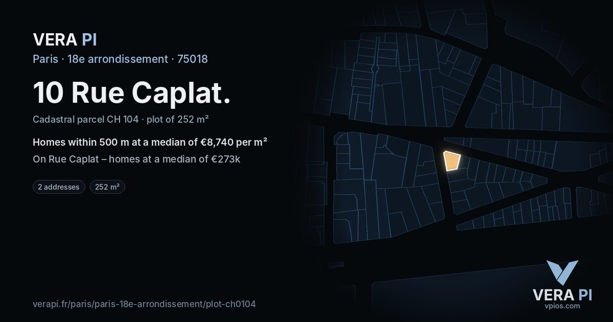 10 Rue Caplat, 18e arrondissement at night – the plot lit, the parcels around coloured by the prices near them