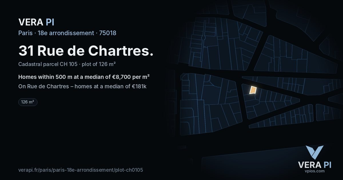 31 Rue de Chartres, 18e arrondissement at night – the plot lit, the parcels around coloured by the prices near them