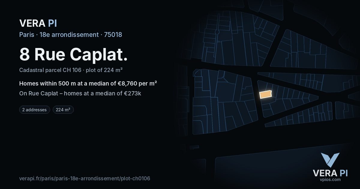 8 Rue Caplat, 18e arrondissement at night – the plot lit, the parcels around coloured by the prices near them