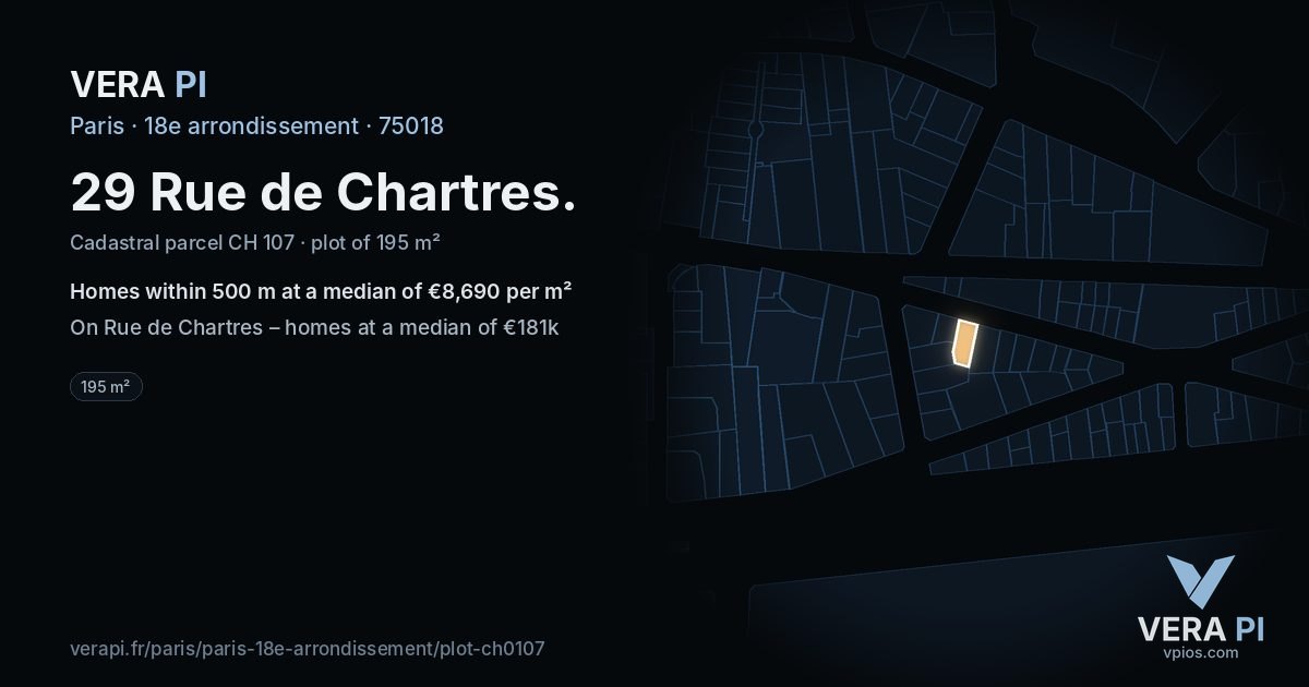 29 Rue de Chartres, 18e arrondissement at night – the plot lit, the parcels around coloured by the prices near them