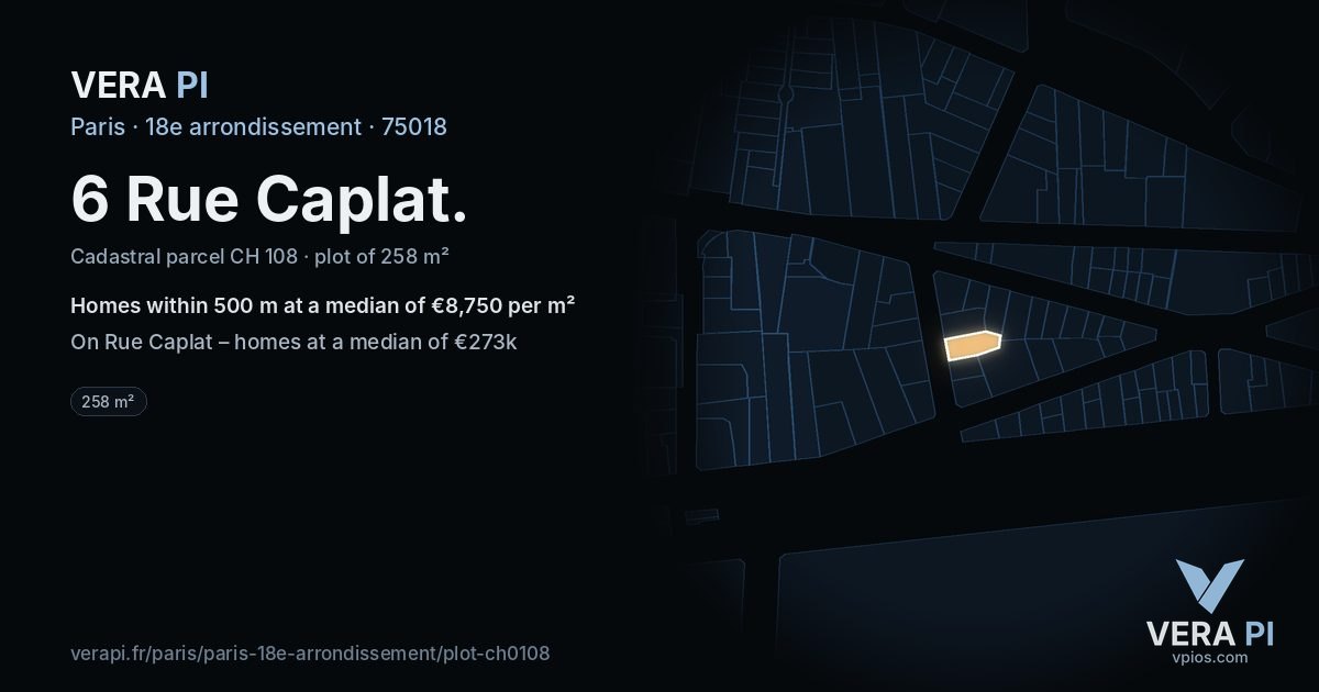 6 Rue Caplat, 18e arrondissement at night – the plot lit, the parcels around coloured by the prices near them