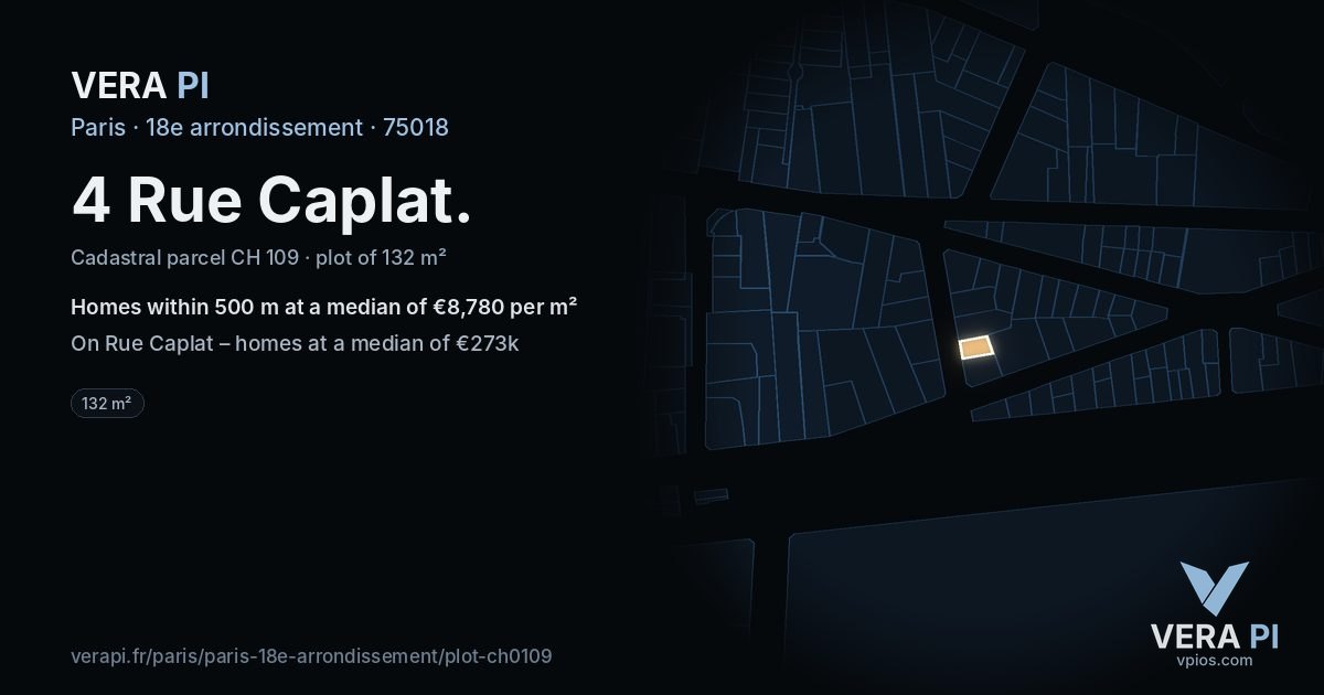 4 Rue Caplat, 18e arrondissement at night – the plot lit, the parcels around coloured by the prices near them