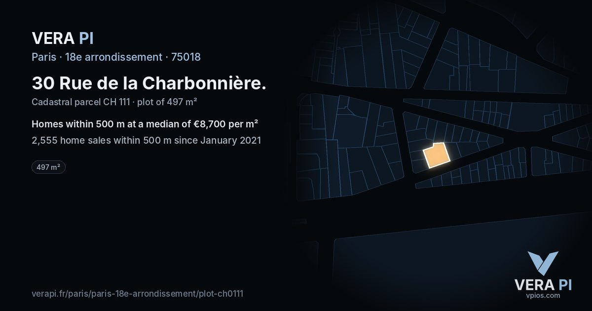 30 Rue de la Charbonnière, 18e arrondissement at night – the plot lit, the parcels around coloured by the prices near them