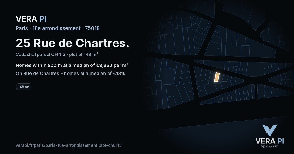 25 Rue de Chartres, 18e arrondissement at night – the plot lit, the parcels around coloured by the prices near them