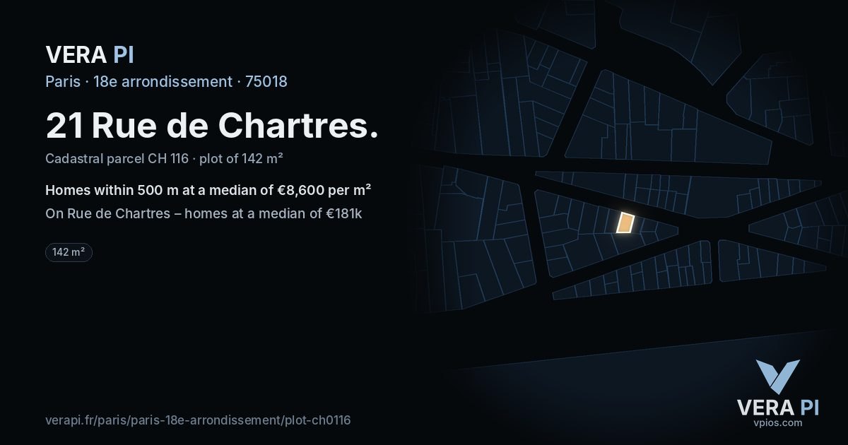 21 Rue de Chartres, 18e arrondissement at night – the plot lit, the parcels around coloured by the prices near them
