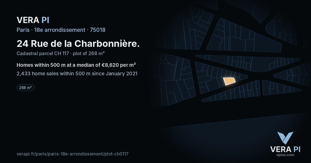 24 Rue de la Charbonnière, 18e arrondissement at night – the plot lit, the parcels around coloured by the prices near them