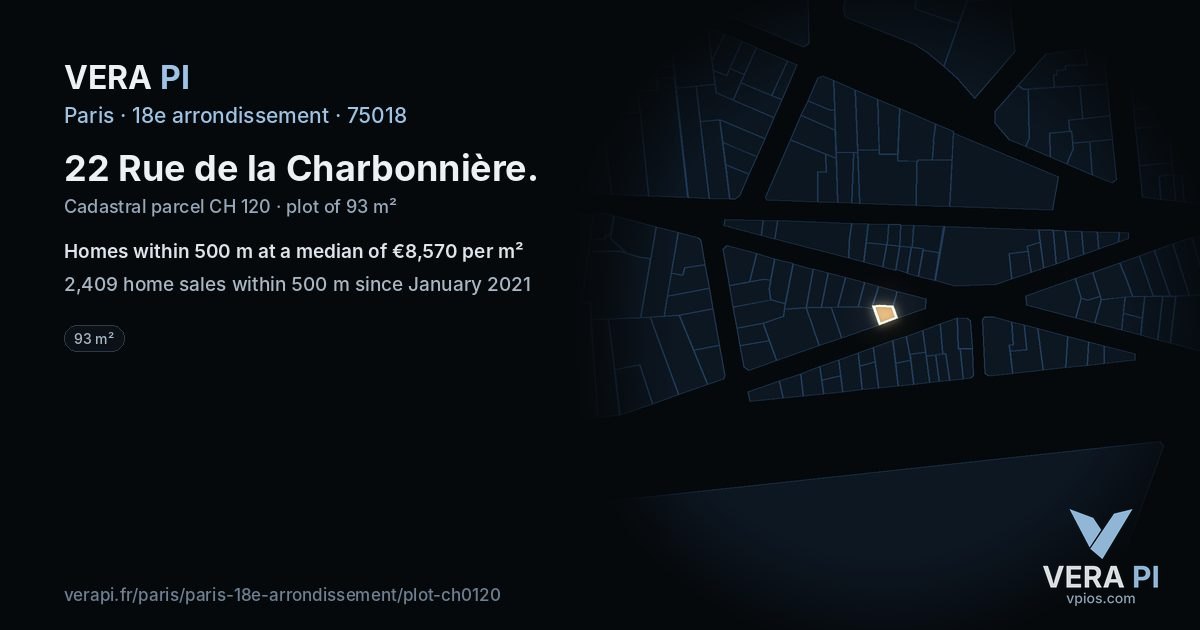 22 Rue de la Charbonnière, 18e arrondissement at night – the plot lit, the parcels around coloured by the prices near them