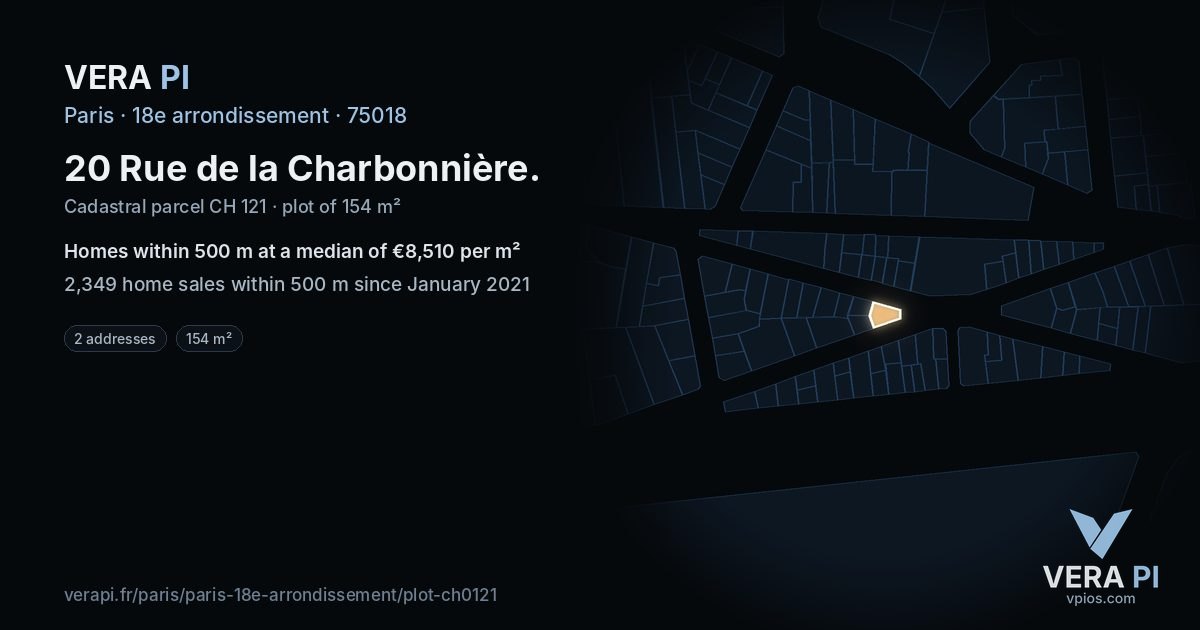 20 Rue de la Charbonnière, 18e arrondissement at night – the plot lit, the parcels around coloured by the prices near them