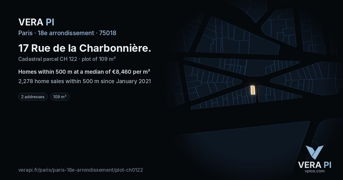 17 Rue de la Charbonnière, 18e arrondissement at night – the plot lit, the parcels around coloured by the prices near them