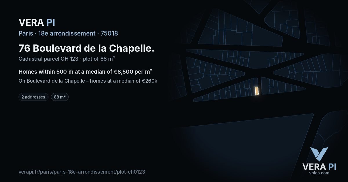 76 Boulevard de la Chapelle, 18e arrondissement at night – the plot lit, the parcels around coloured by the prices near them