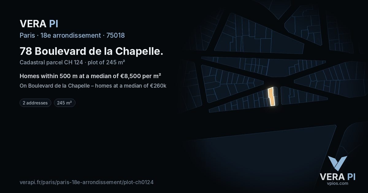 78 Boulevard de la Chapelle, 18e arrondissement at night – the plot lit, the parcels around coloured by the prices near them