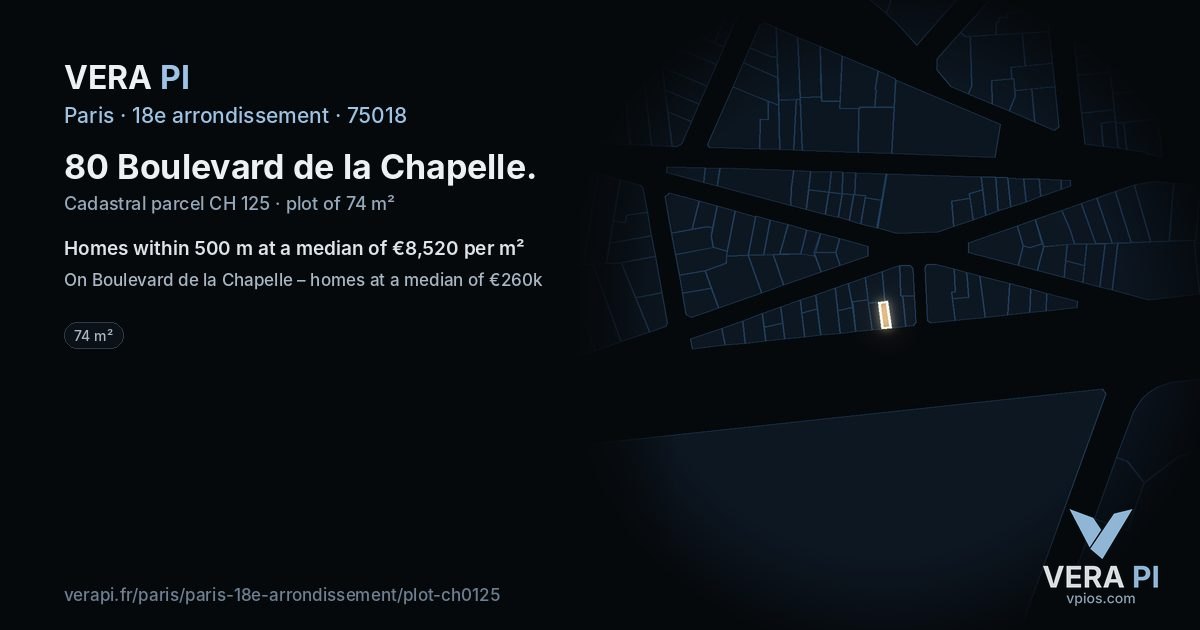 80 Boulevard de la Chapelle, 18e arrondissement at night – the plot lit, the parcels around coloured by the prices near them