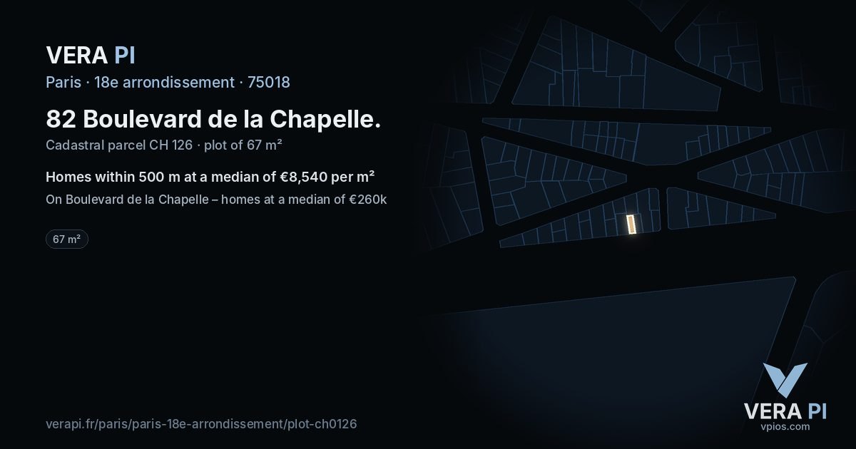 82 Boulevard de la Chapelle, 18e arrondissement at night – the plot lit, the parcels around coloured by the prices near them