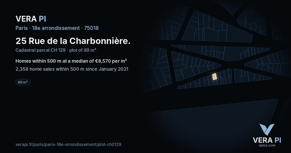 25 Rue de la Charbonnière, 18e arrondissement at night – the plot lit, the parcels around coloured by the prices near them