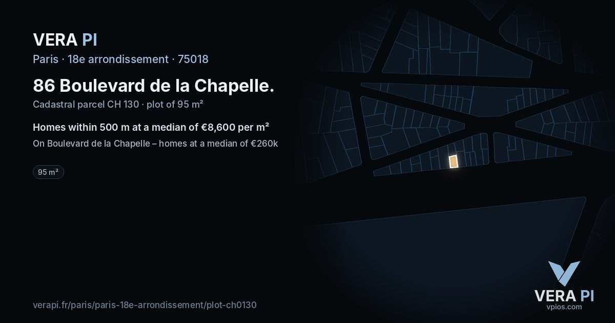 86 Boulevard de la Chapelle, 18e arrondissement at night – the plot lit, the parcels around coloured by the prices near them